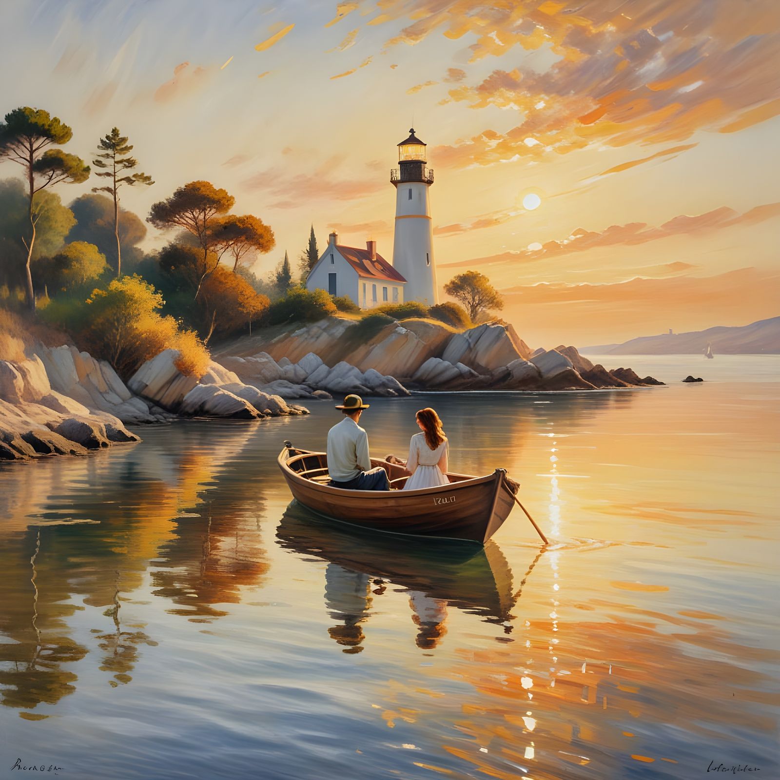 Idyllic Couple in Boat by Lighthouse: Impressionist Style
