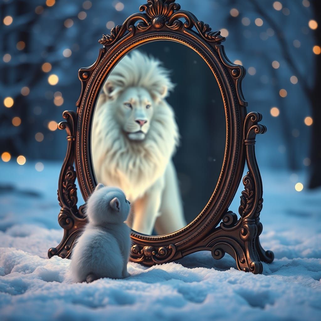Kitten's Dream: Reflected Lion in Snowy Scene