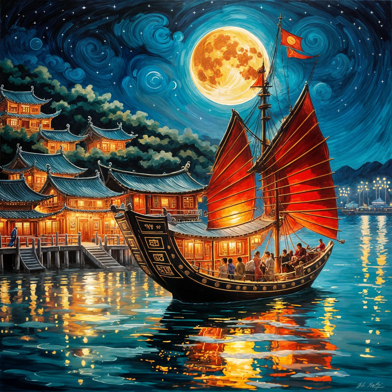 Moonlit Chinese Junk on Golden Water