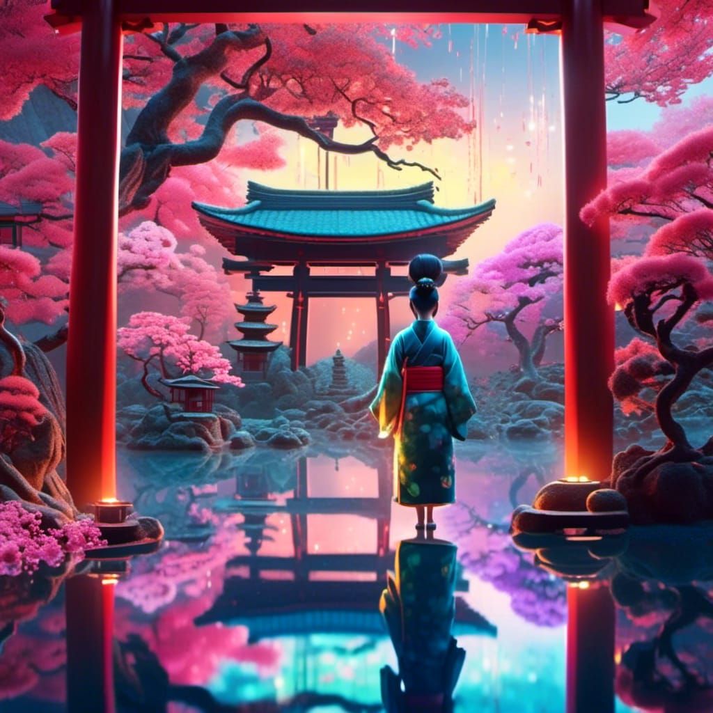 Japanese Woman with Bonsai Tree: Surreal Sunrise Scene