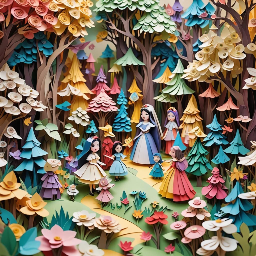Snow White and Dwarfs in Vibrant Papercraft Style