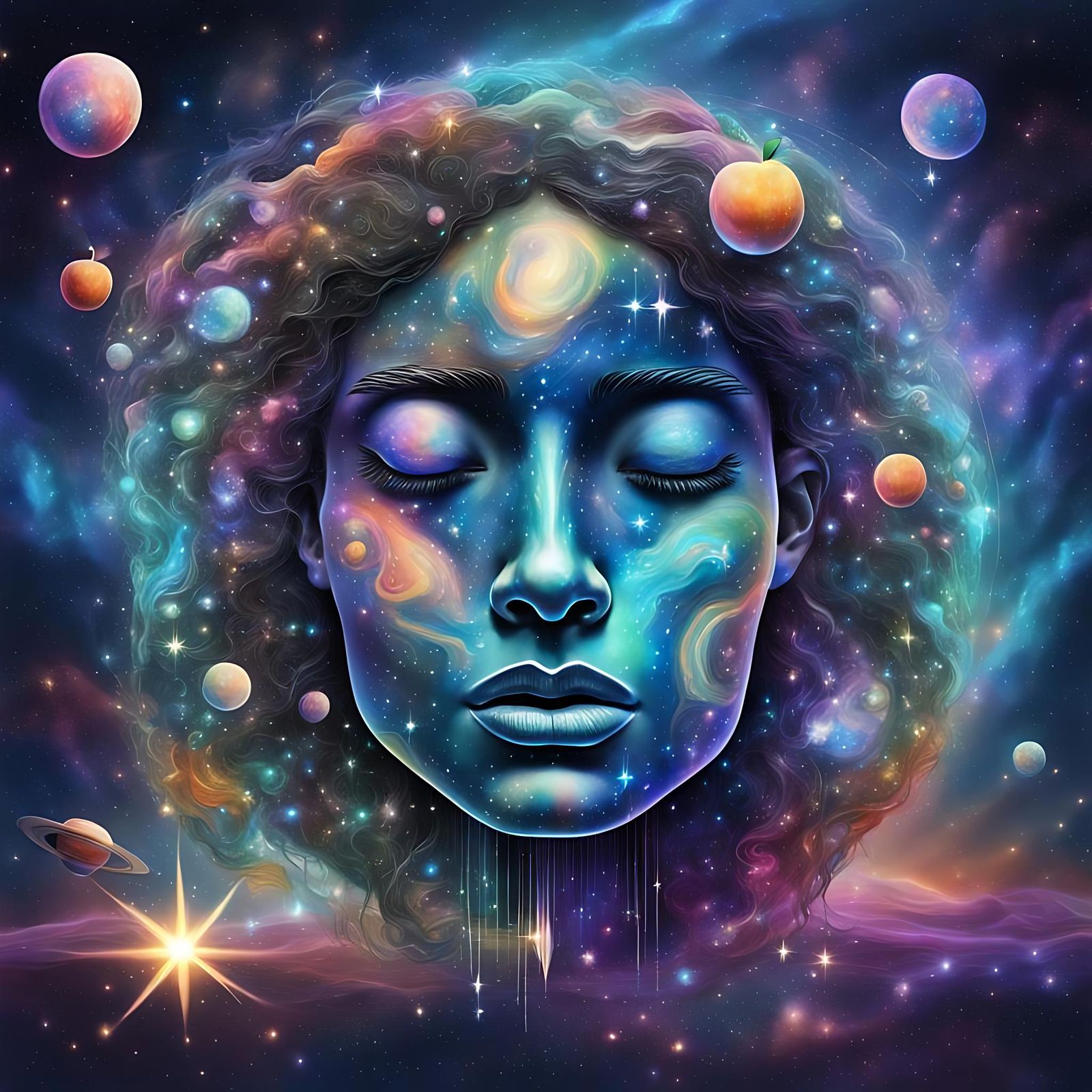 Cosmic Face Crying with Floating Apples