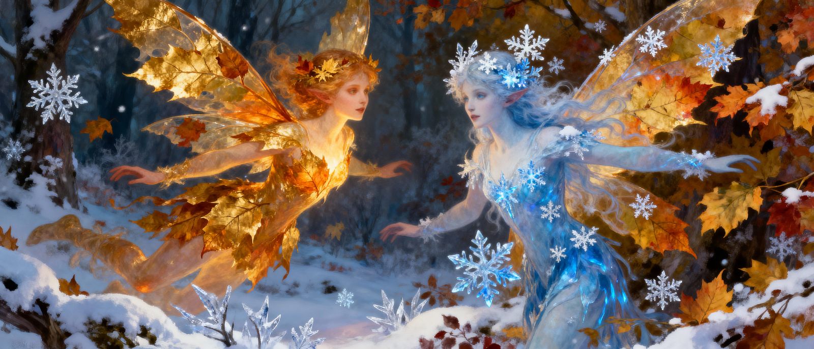 Fairies Transition From Autumn To Winter In Digital Matte Pa...