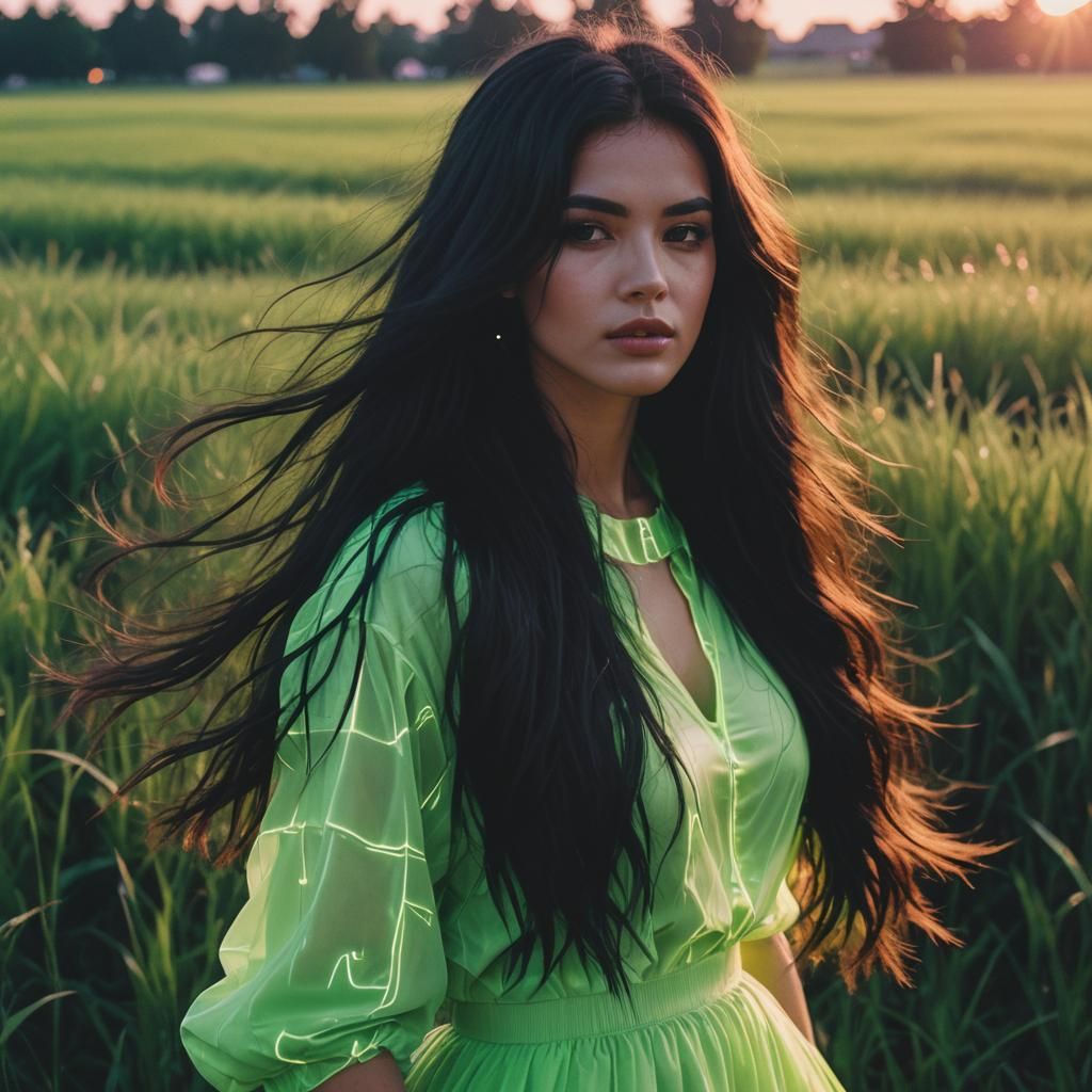 Synthwave Girl in Green Field with Neon Glow