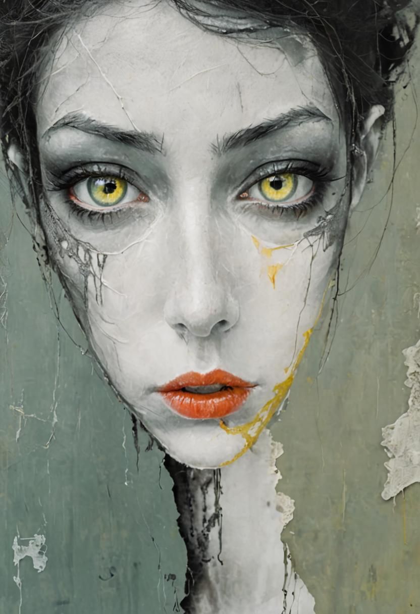 Monochromatic Portrait of Woman with Ancient Script Fabric