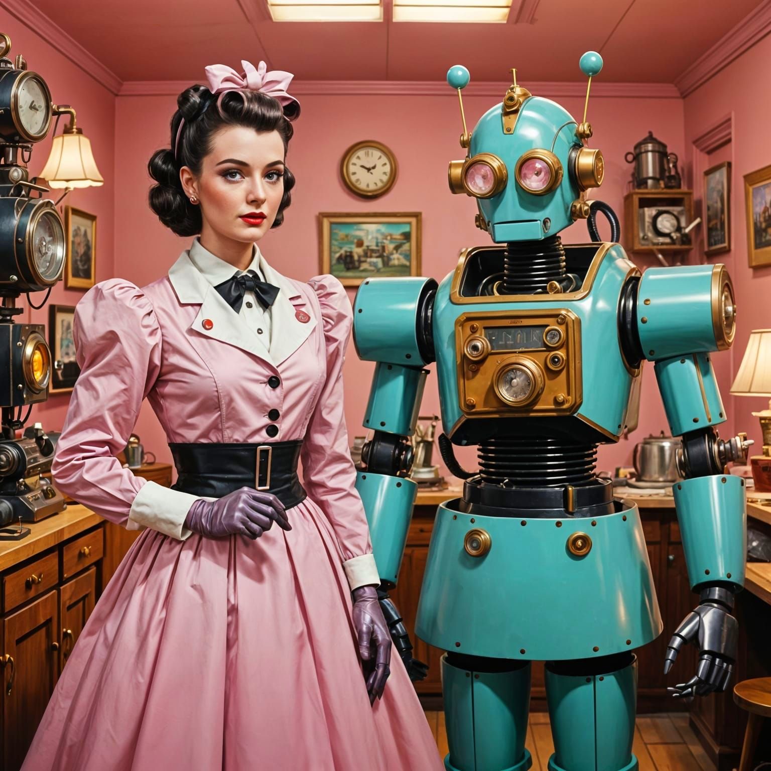 1950s Steampunk Robot Housewife in Synthwave Style