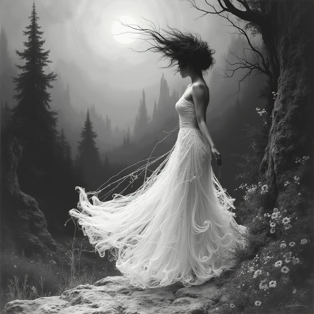 Surrealist Woman in Monochromatic Landscape, Inspired by Kan...