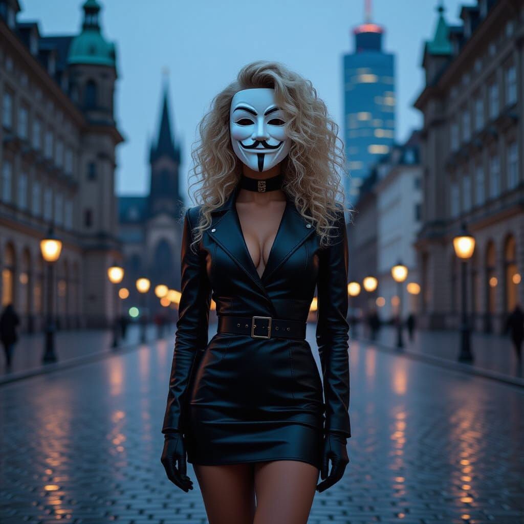 German Woman in Berlin with Guy Fawkes Mask