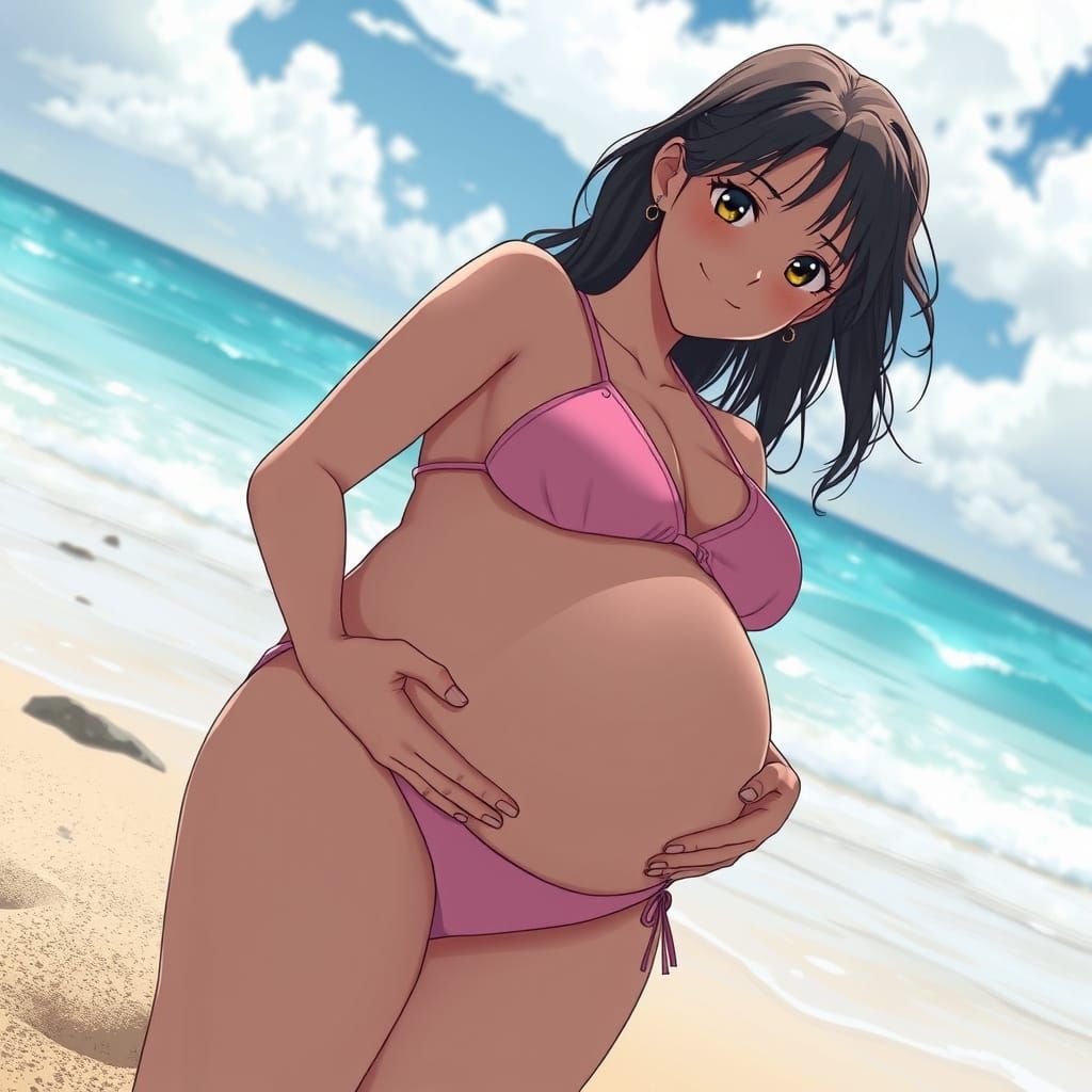 Pregnant Anime Woman on Beach in Ghibli Style