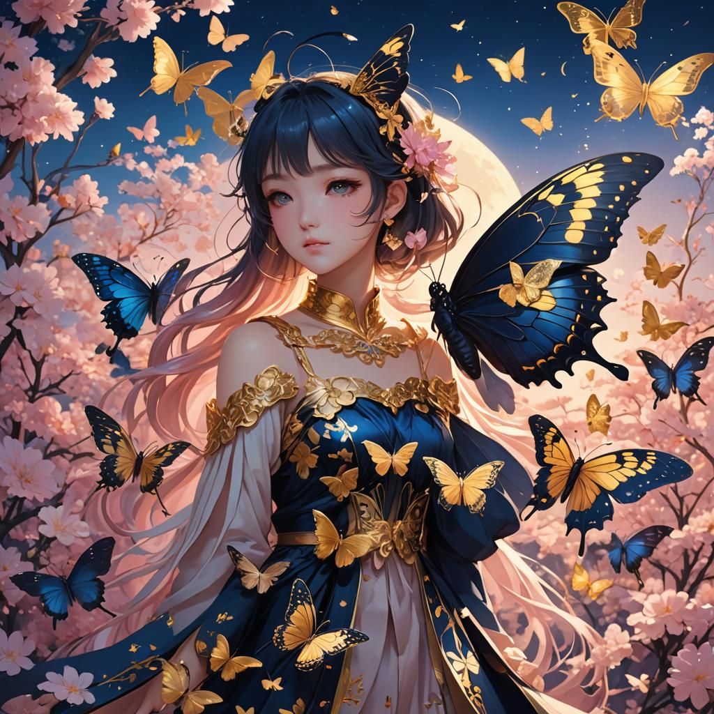 Radiant Butterfly Soaring in Midnight Sky, 3D Anime Art