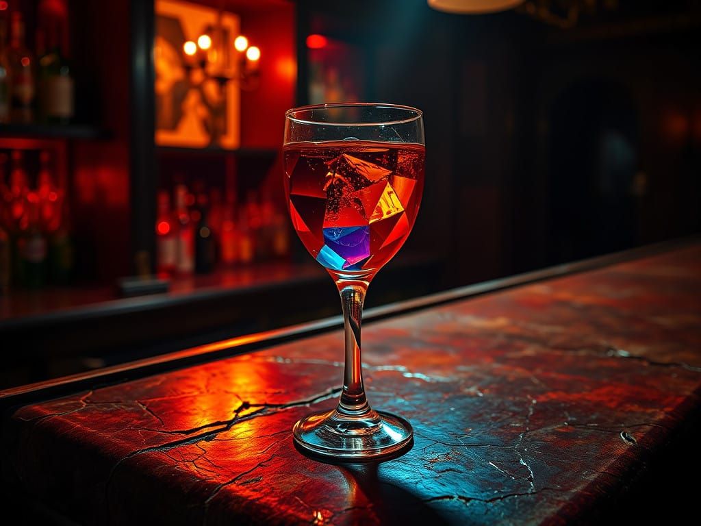 Cubist Dreamscapes: A Fragmented Cocktail Glass in Eerie Bar...