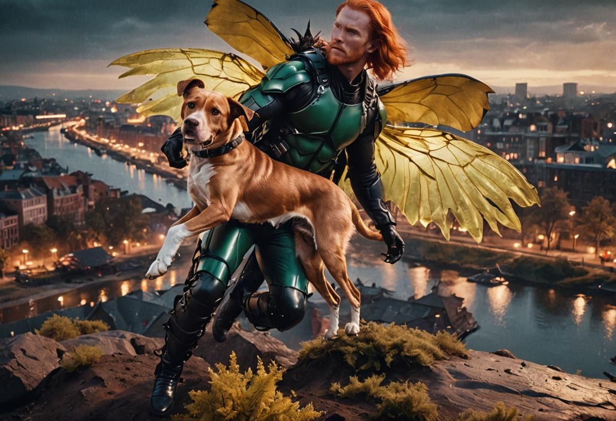 Redhead Male with Beetle Wings and Labrador, Cinematic