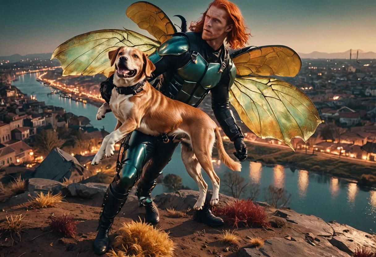 Macabre Redhead with Beetle Wings and Dog