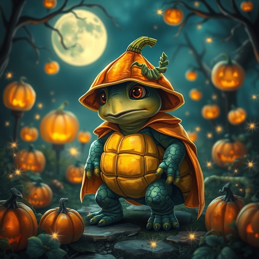 Turtle as Pumpkin in Moonlit Garden Fantasy