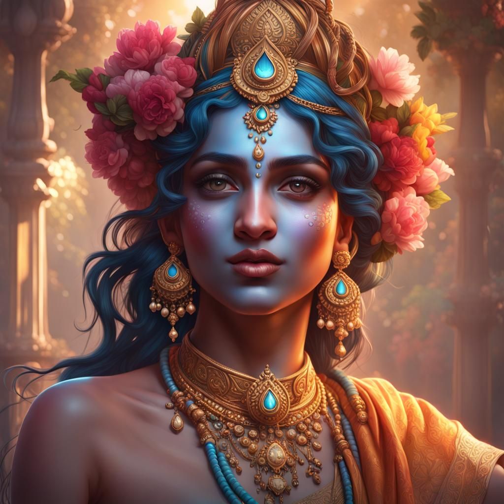 Krishna and Radha Portrait in Art Nouveau Style