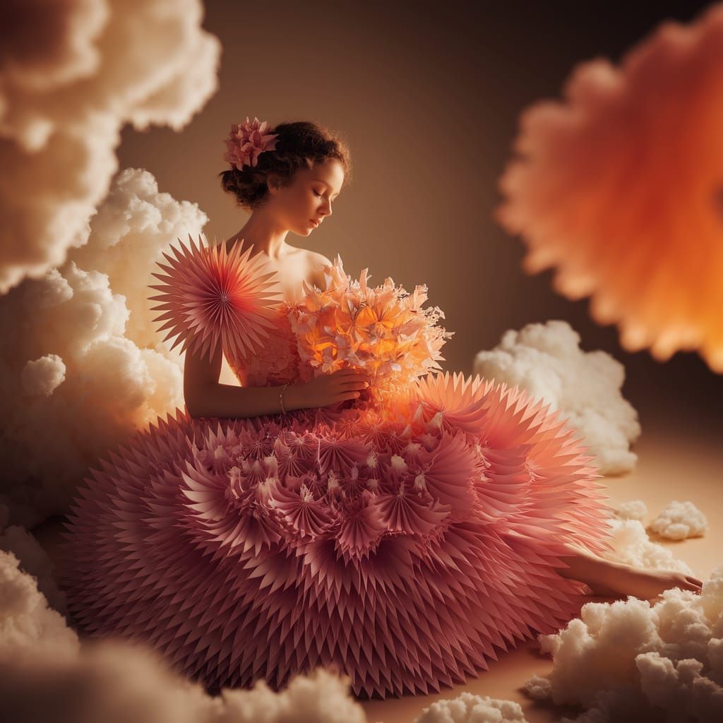 Origami Girl on Cloud with Paper Flowers