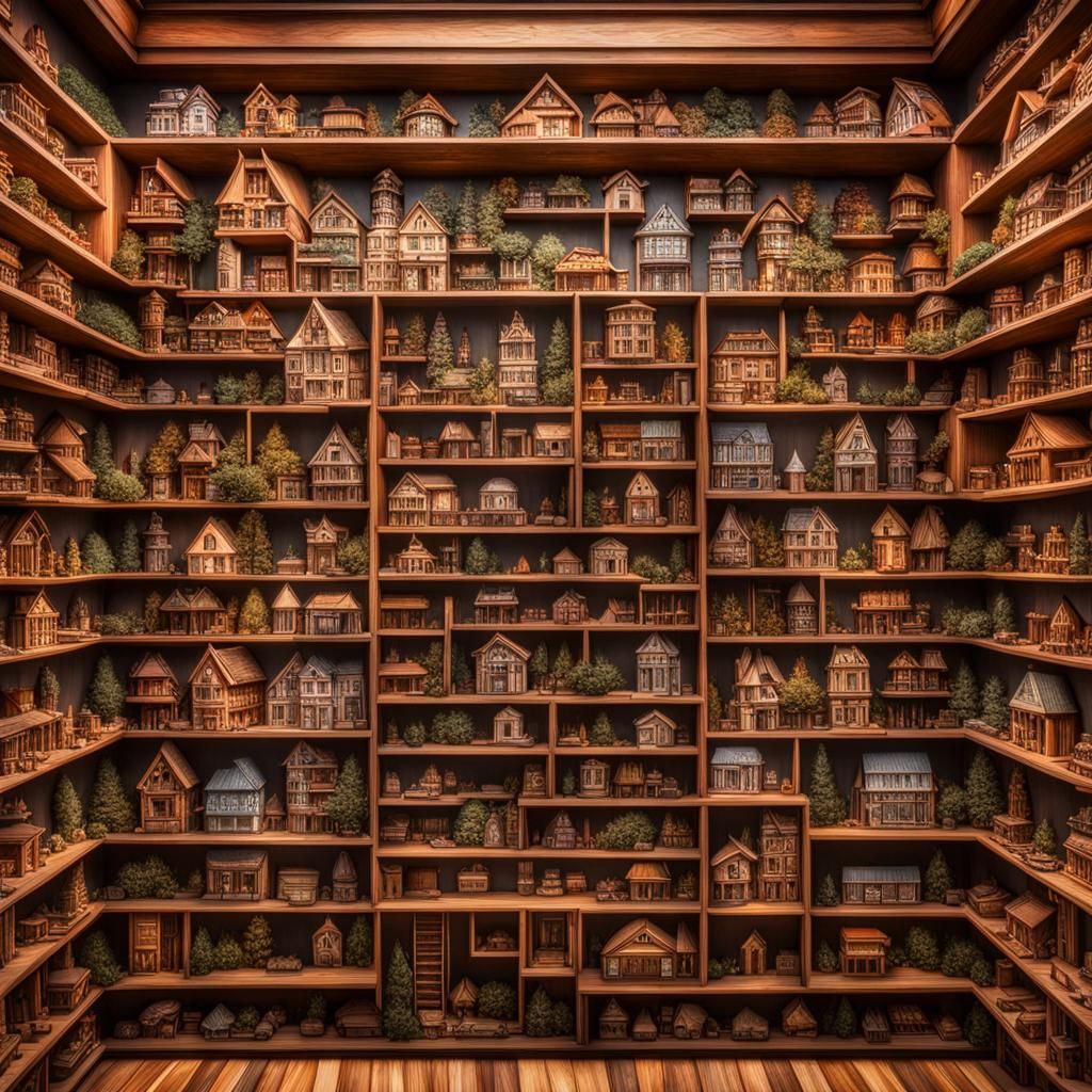 Wall of Miniature Wooden Houses: Hyperrealistic Concept Art