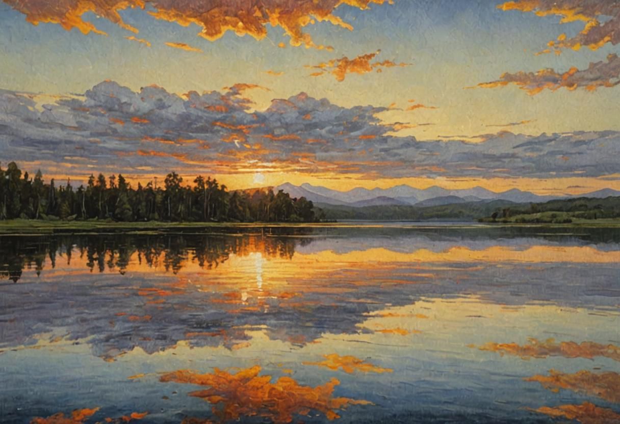 Sunset Over Lake: Oil Painting in Hudson River Style