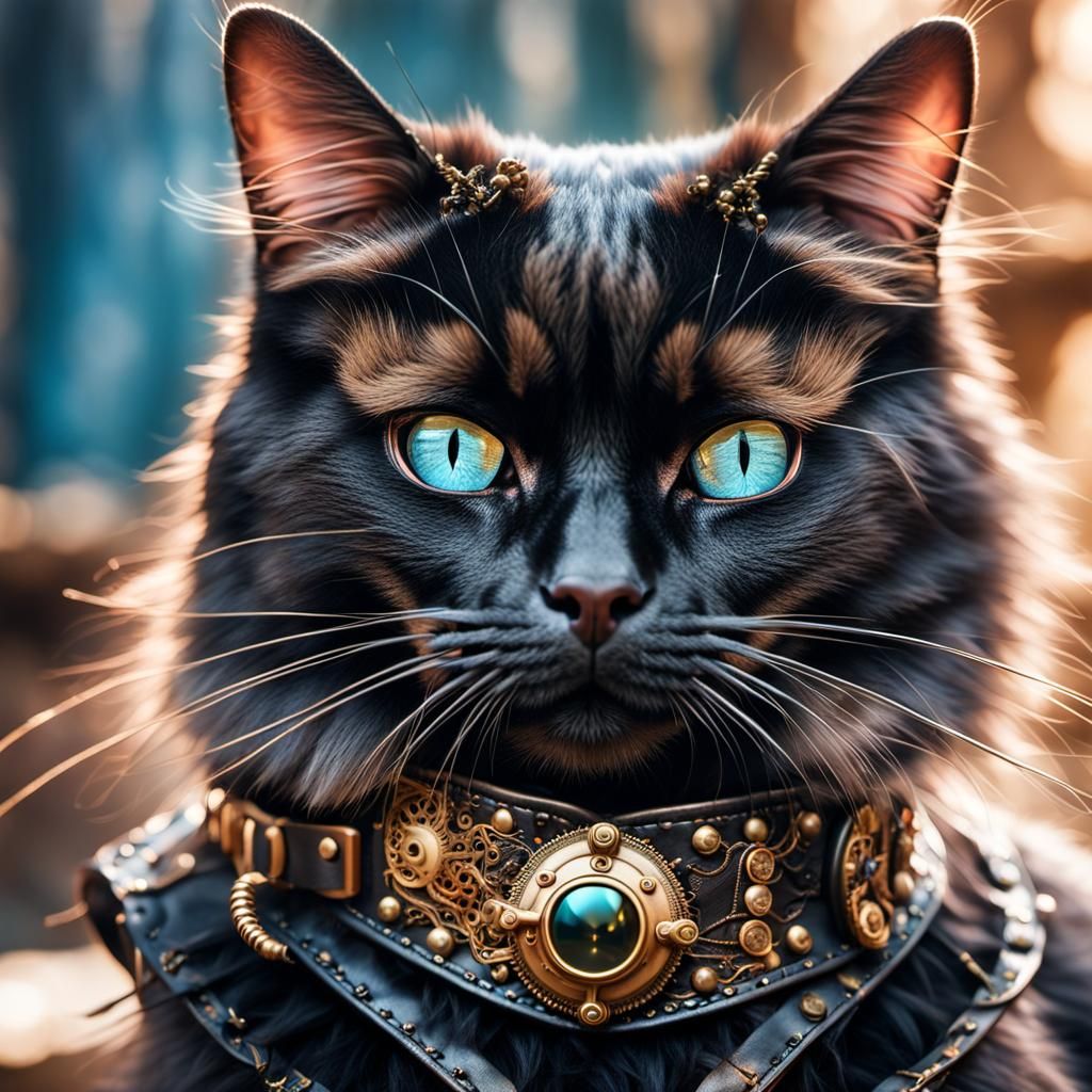 Steampunk Cat Portrait with Blue Eyes
