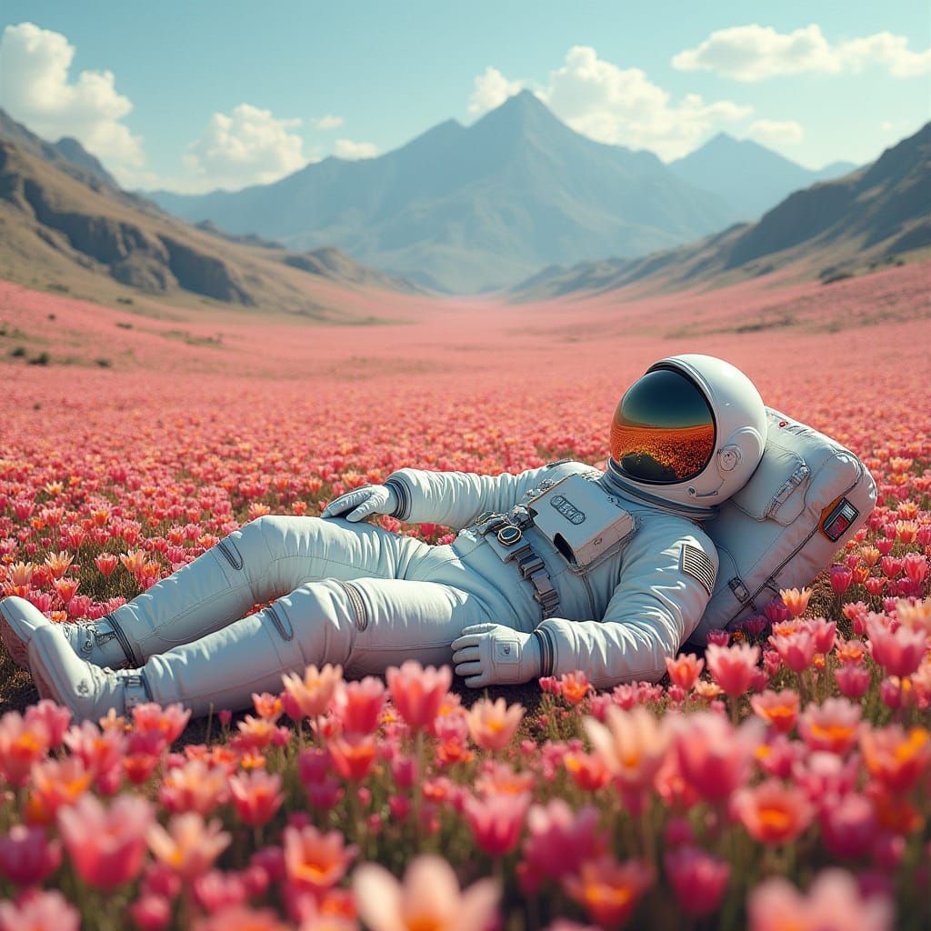 Astronaut in a Floral Dreamscape, Surreal Landscape