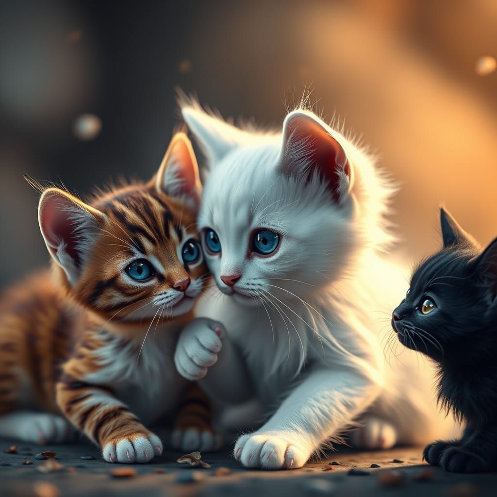 Whimsical Feline Trio in Enchanted Landscape