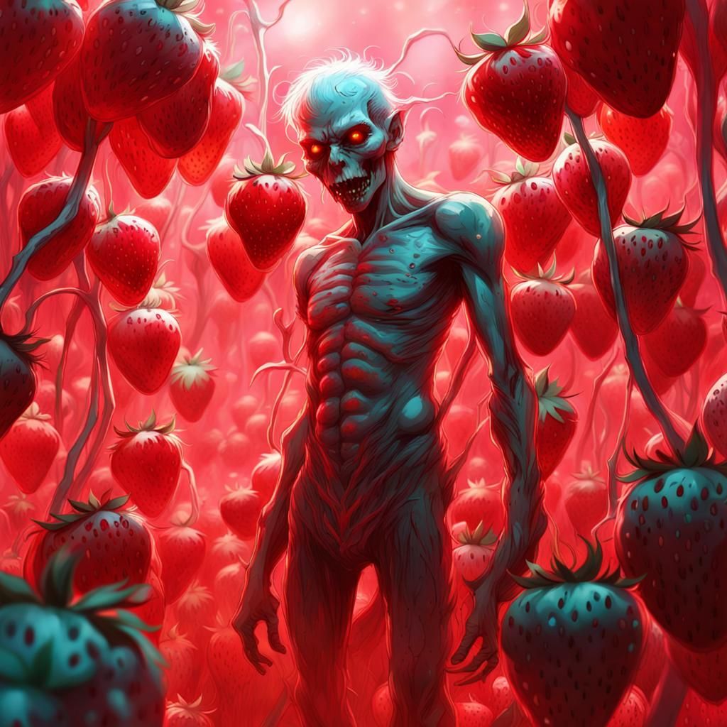 Creepy Strawberry Zombie in Bioluminescent Field