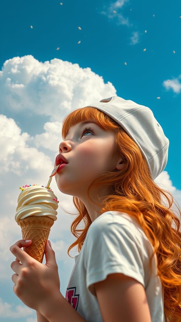 Surreal Summer Portrait of a Happy Girl Licking Ice Cream