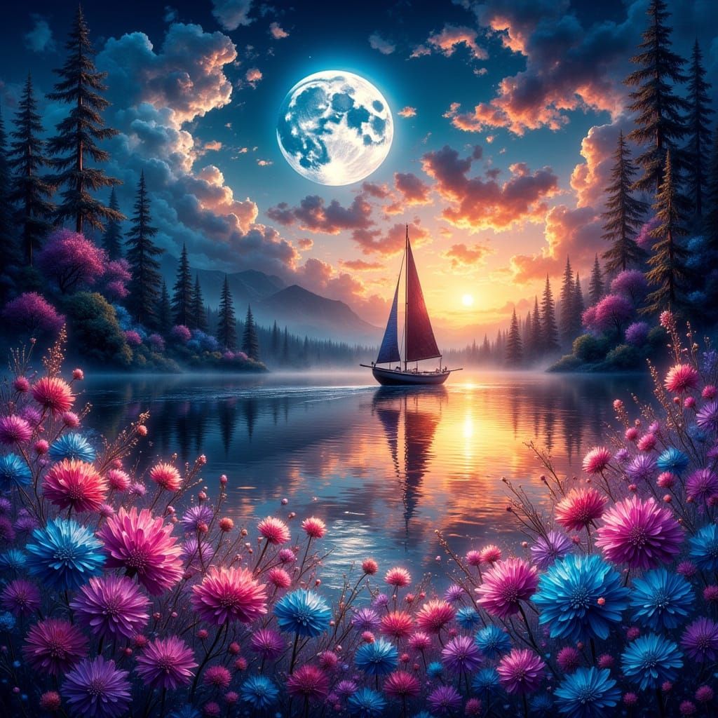 Dreamy Sailboat Landscape at Twilight with Oversized Moon