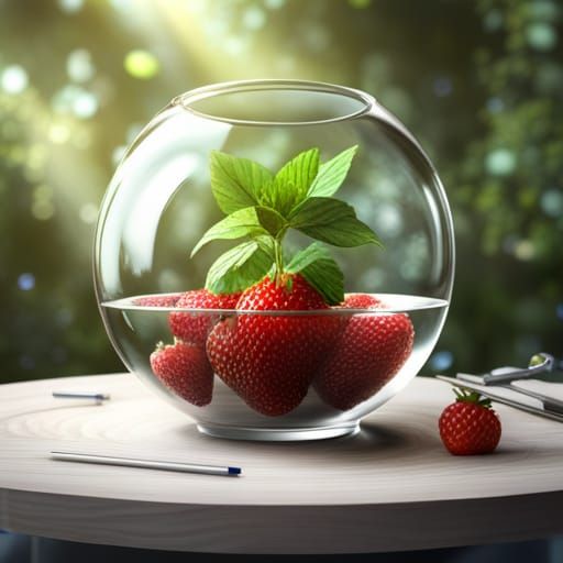 Glittery Strawberries Growing in Glass Terrarium: 3D Render