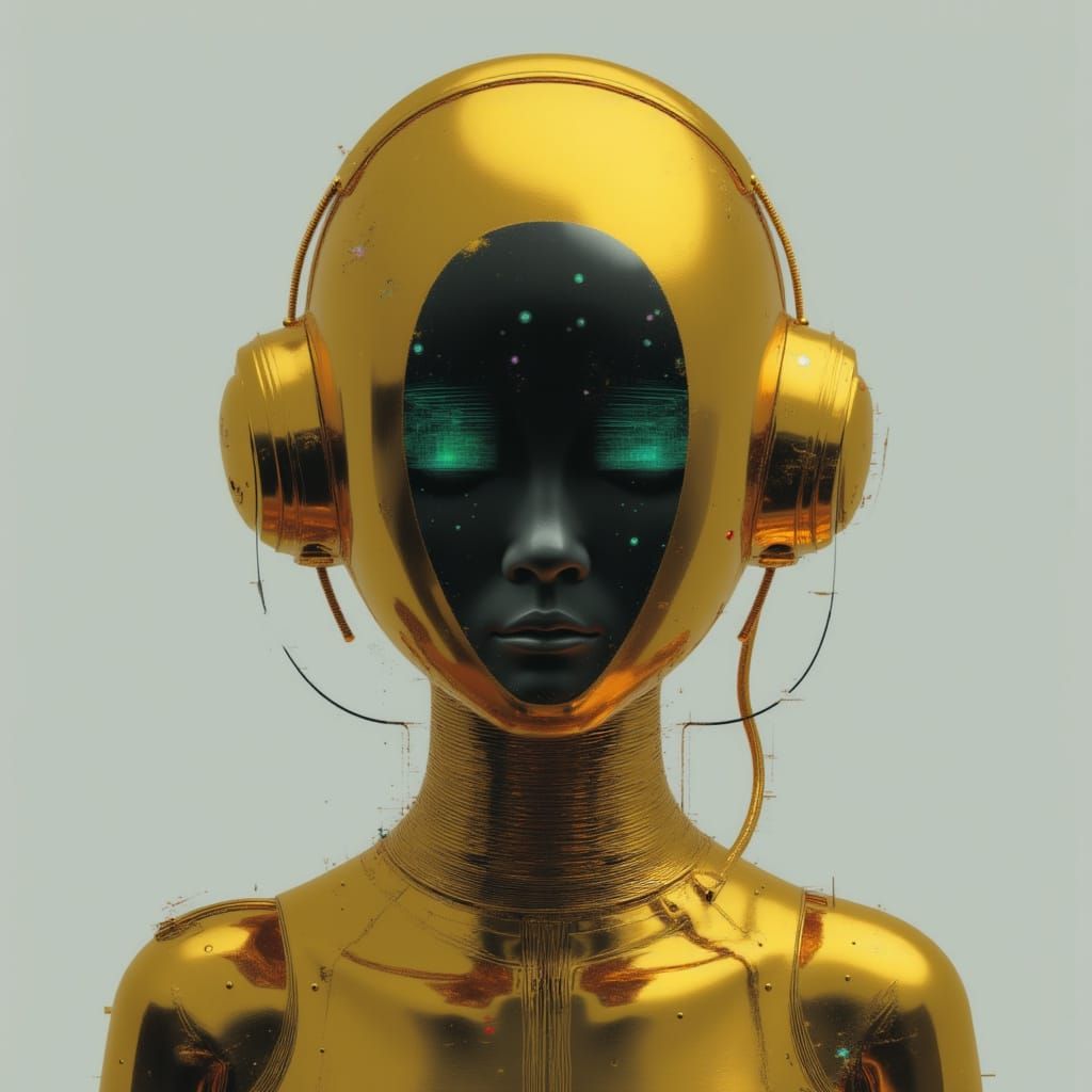 Golden Android with Glitch Face in Anime Style