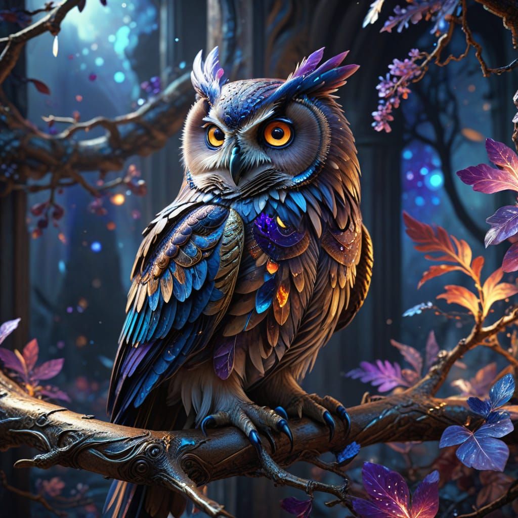 Regal Owl with Jewel Eyes on Swirling Vortex Background