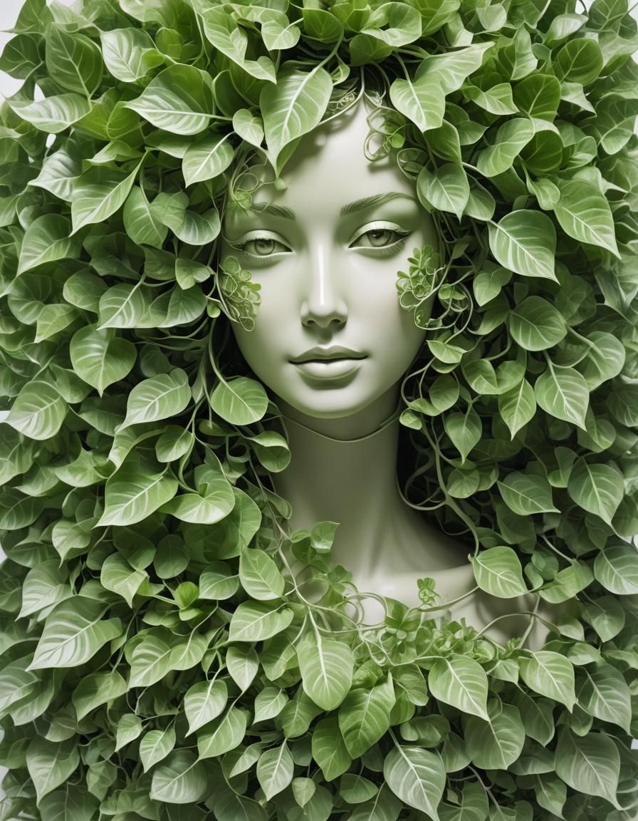 Floral Fractal: Woman's Face in Green Leaves