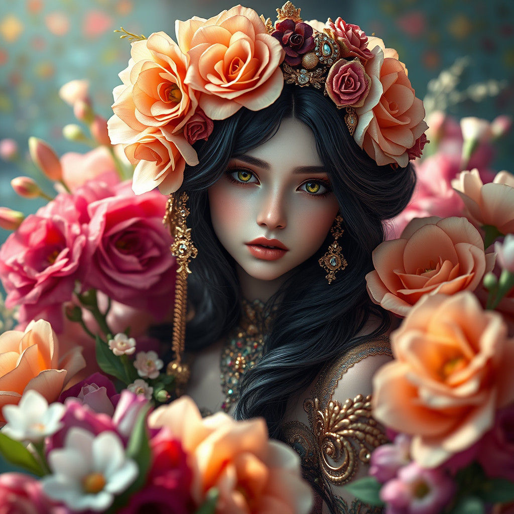 Enchanting Flower Girl in Art Nouveau Style