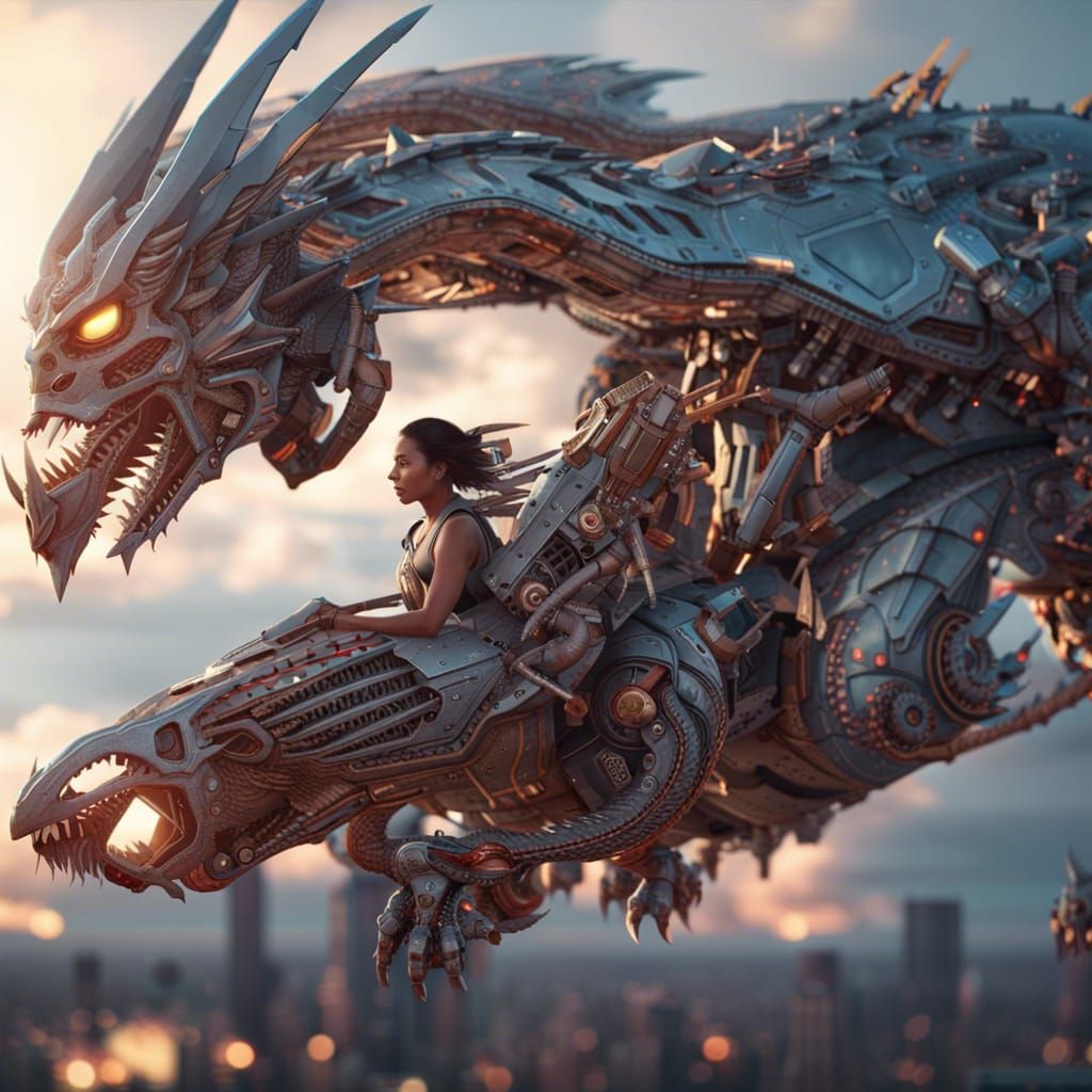 Woman Rides Cyborg Dragon in Futuristic Sky