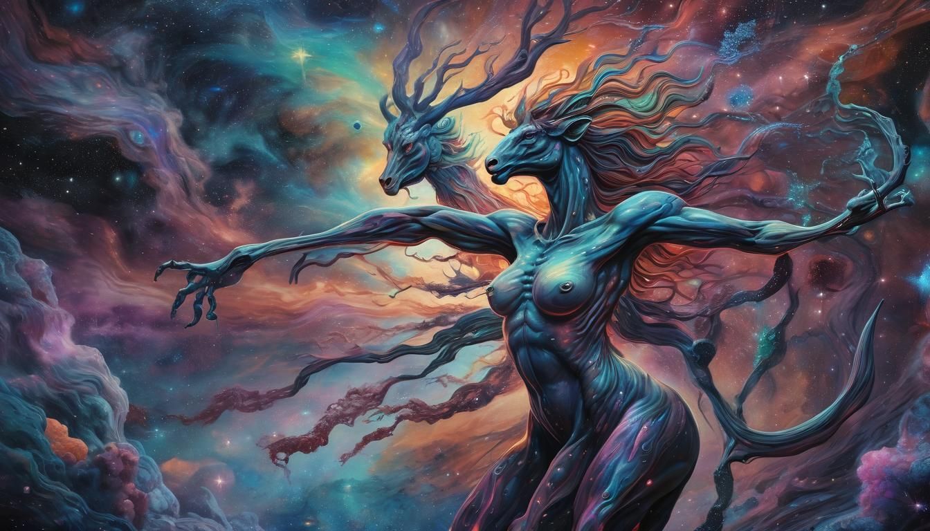 Astral Alien Centaur in Dreamlike Bioluminescent Nebula