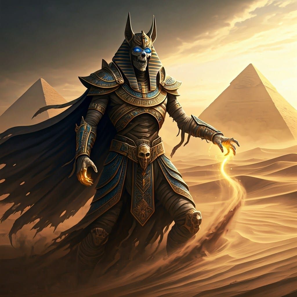 Regal Mummy in Ancient Egyptian Gold and Blue Armor Conjures...