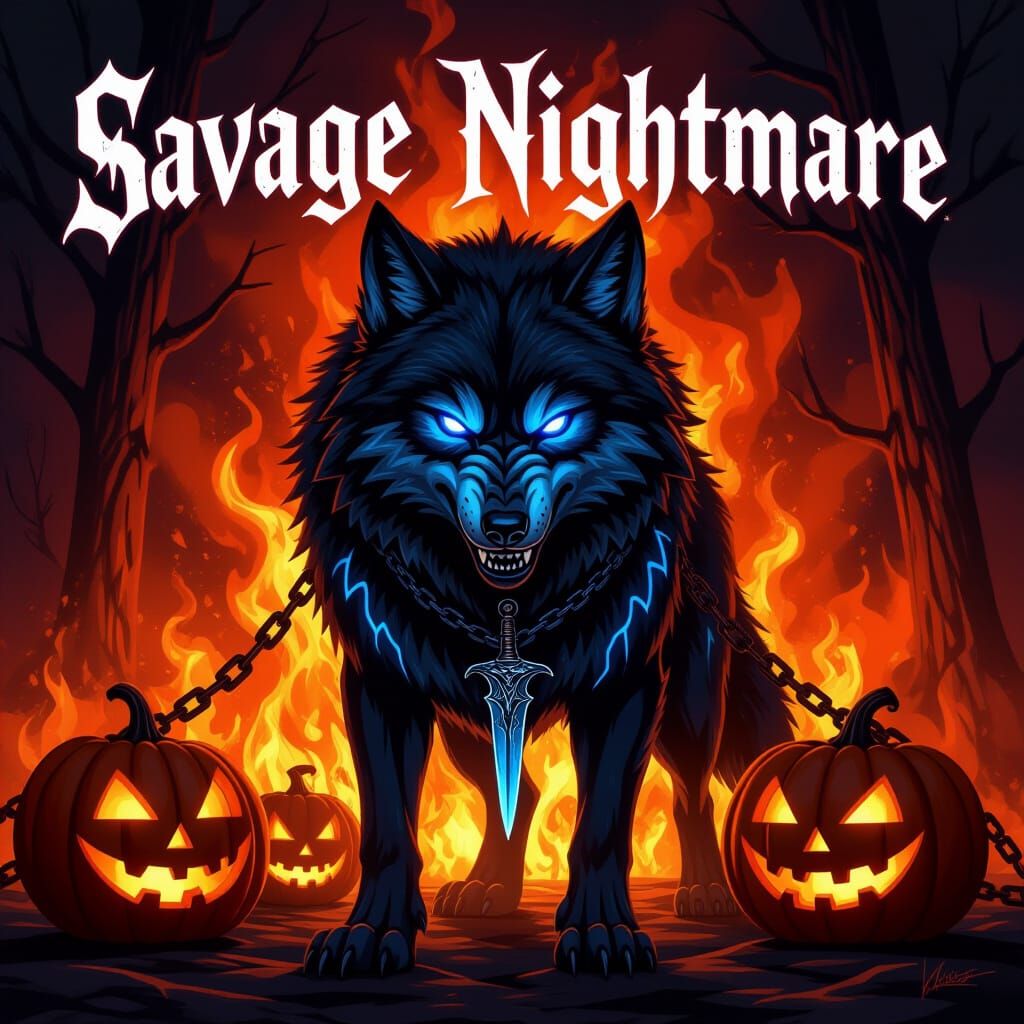 Fierce Black Wolf with Blue Veins and Dagger Pendant