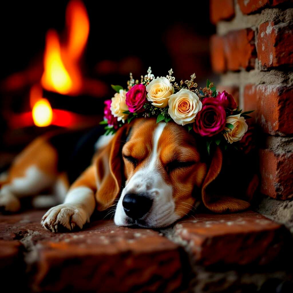 Beagle Dog Sleeping with Rose Crown by Fireplace