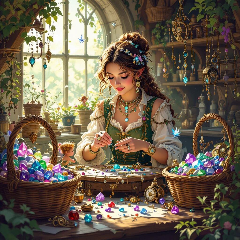 Whimsical Jeweler in Sun-Dappled Workshop with Enchanted Gem...