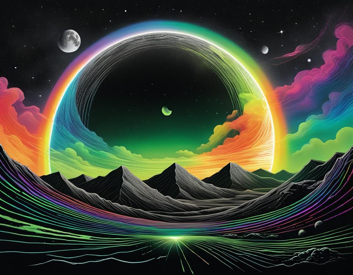 Rainbow over Dark Side Album: Scratchboard Illustration