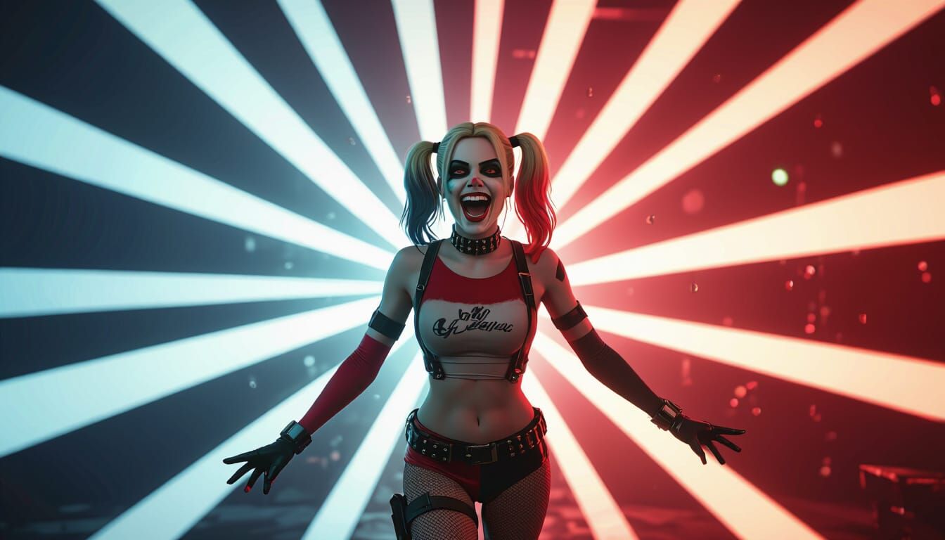 Harley Quinn Laughing in Gritty Club, Comic Book Art Style