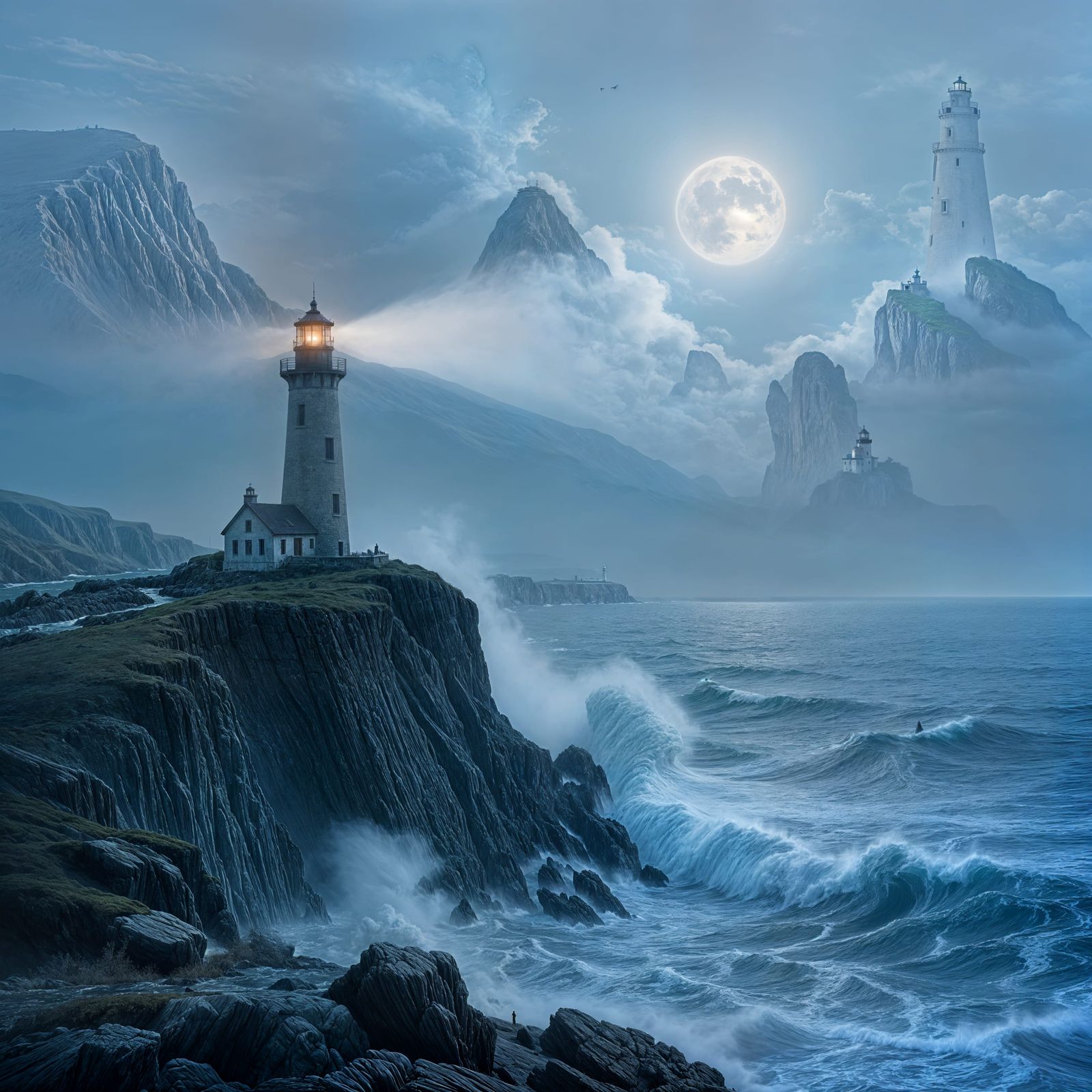 Gothic Lighthouse in Ethereal Fog Over Turbulent Sea
