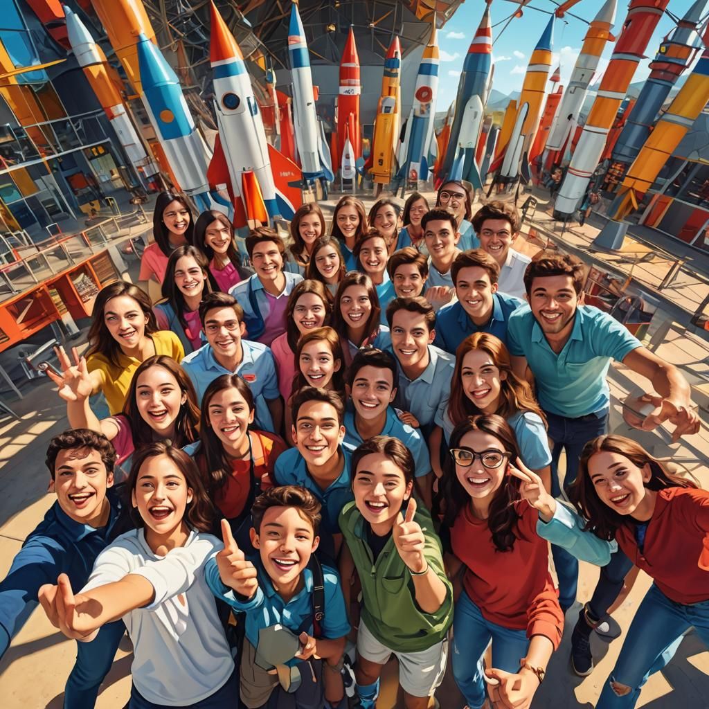 People Taking Selfie in Front of Rocket Center