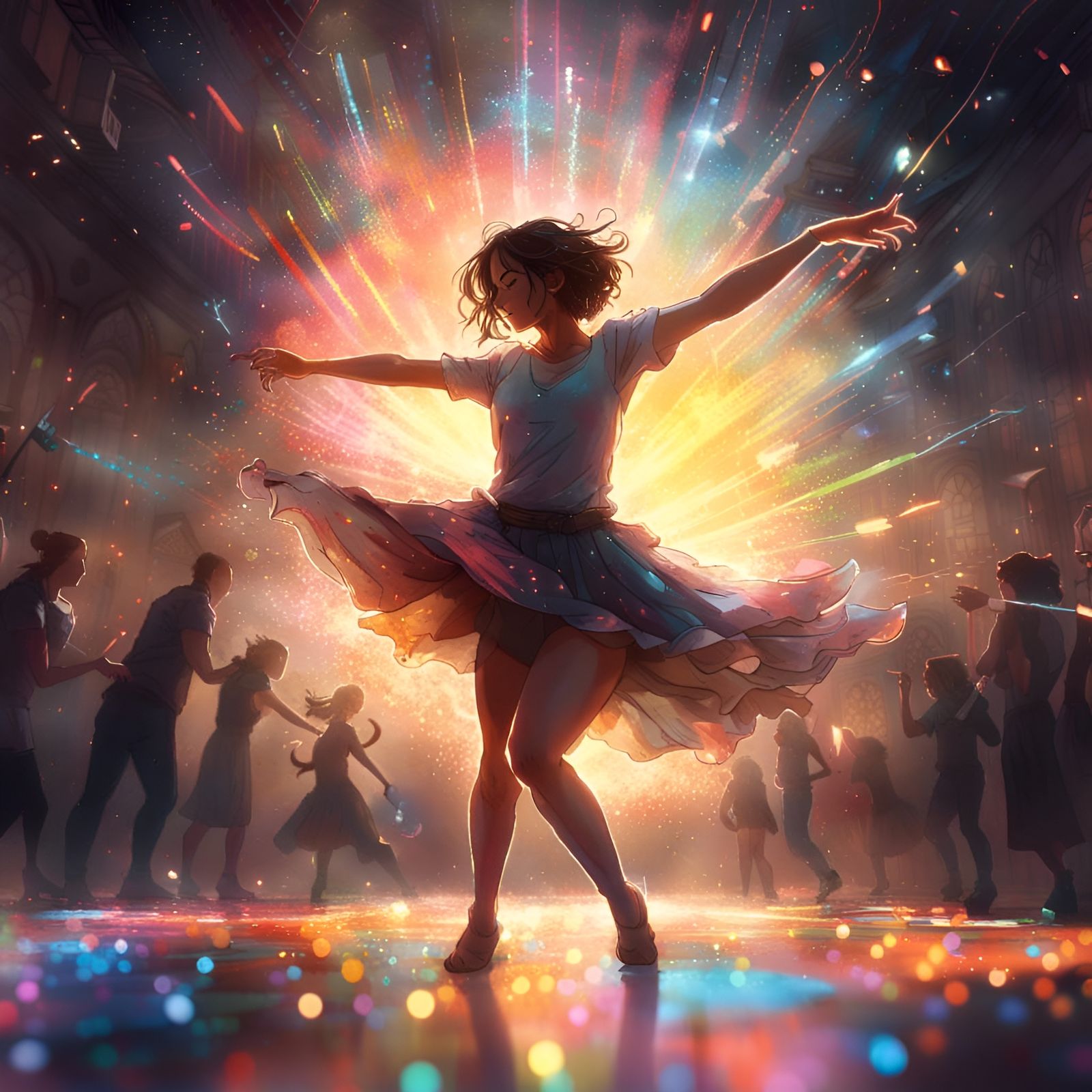 Woman Dancing in Colorful Glowing Sparkles