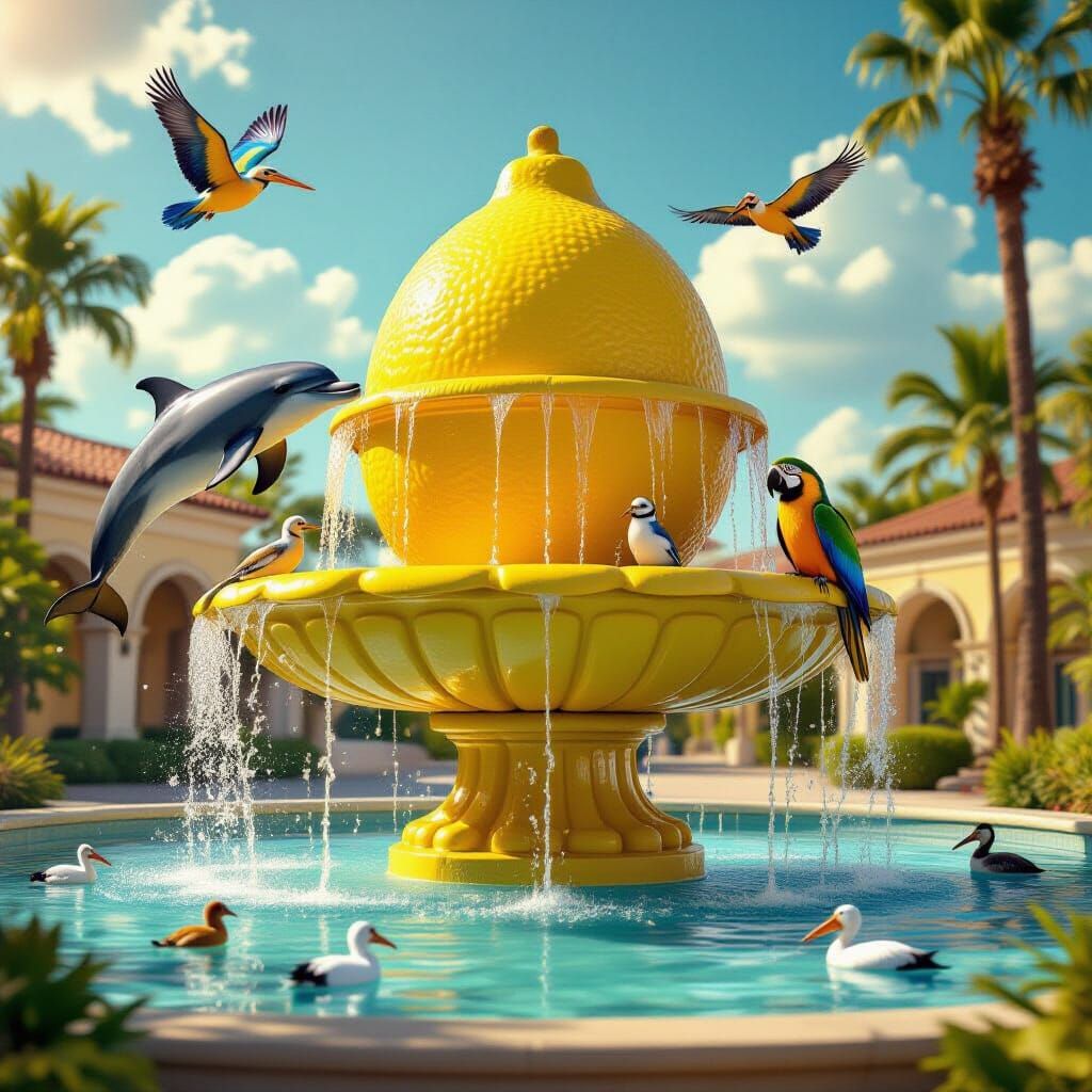 Playful Lemon Fountain with Curious Animals