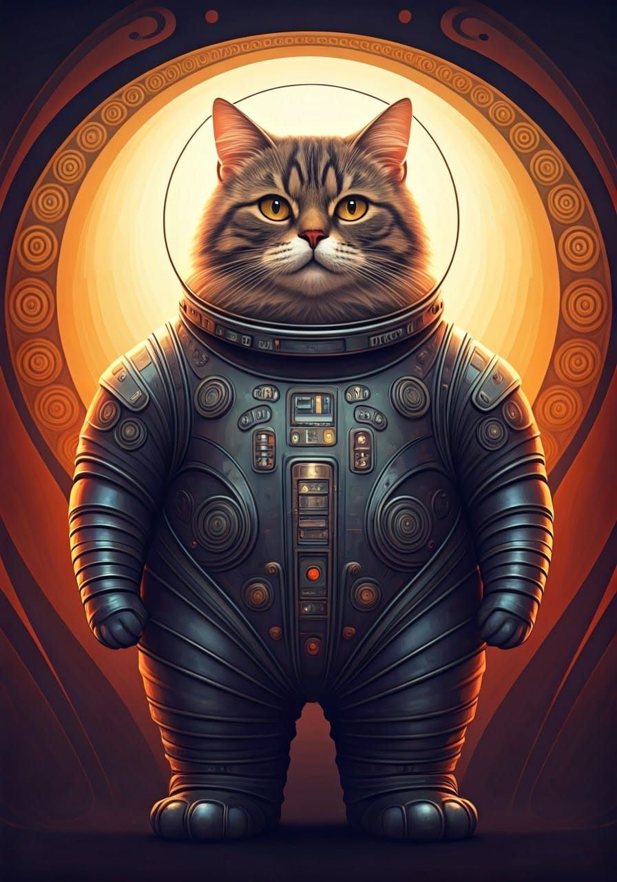 Art Nouveau Cat in Spacesuit Illustration