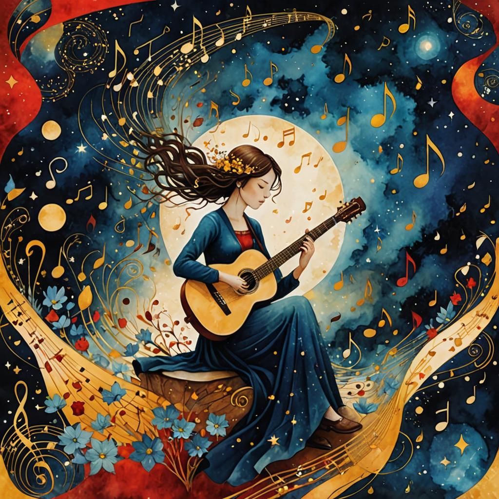 Girl Plays Guitar in Watercolor Dreamscape