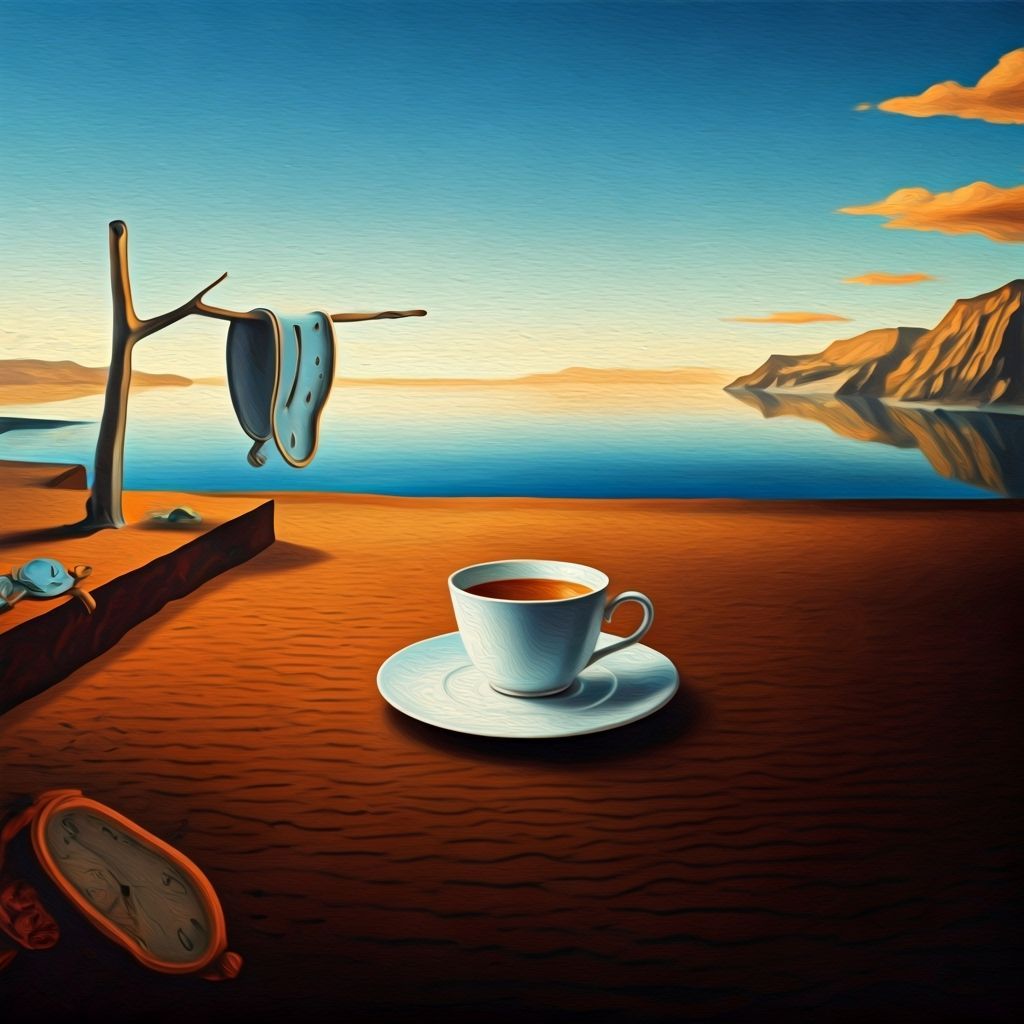 Surreal Desert Landscape with Floating Teacup in Dalí Style