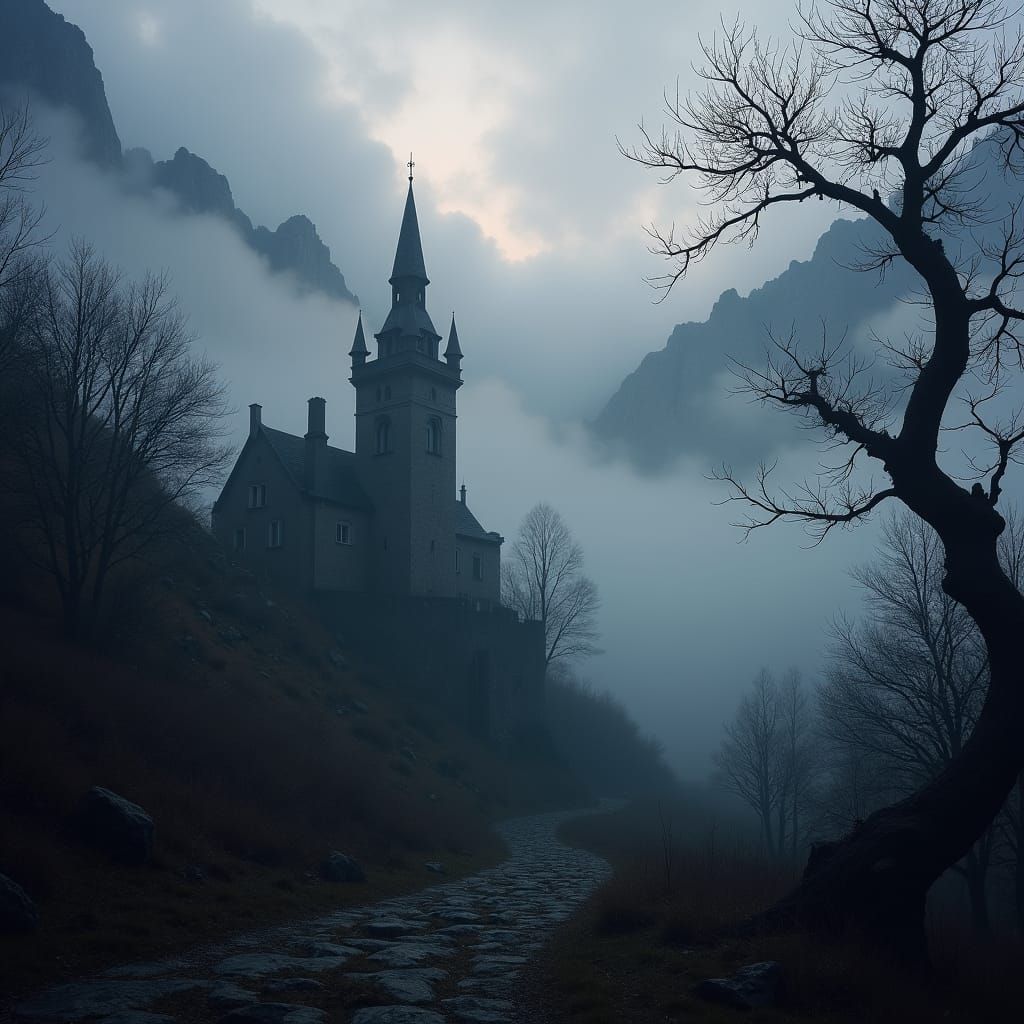 Mysterious Ruined Castle in Mist, Cinematic Gothic Style