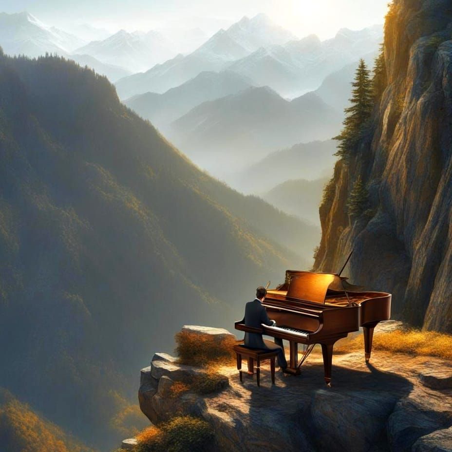 Hyperrealistic Pianist in the Mountains Splash Art